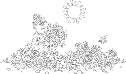 Happy grandma friendly smiling and holding a bouquet of flowers in a beautiful summer garden on a warm sunny day, black and white outline vector cartoon illustration for a coloring book
