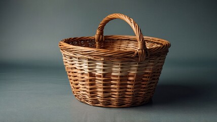 A rustic woven basket with a curved handle, showcasing natural tones of brown and cream against a muted background.