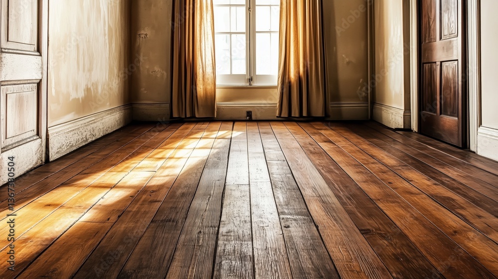 Poster sunlight illuminates a hardwood floor in an old house with doors and a curtained window. ai generate