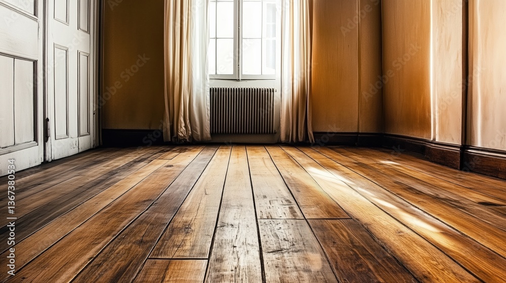 Poster sunlight illuminating an empty room with a beautiful wooden floor and a white window. ai generated