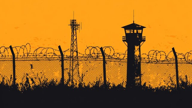 Silhouette of prison fence, watchtower, and communication tower at sunset.
