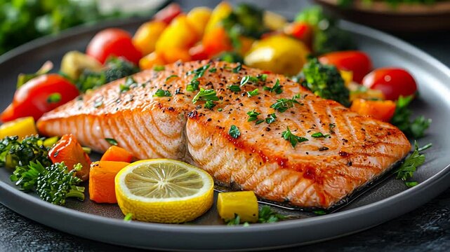 Grilled salmon with fresh vegetables and lemon garnish on rustic platter