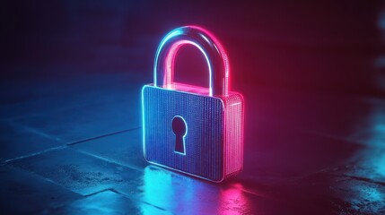 Glowing neon padlock on dark surface.