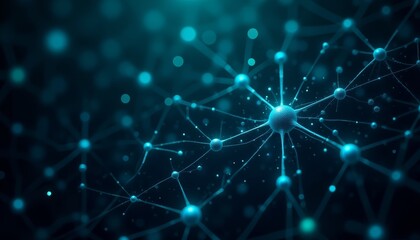 Glowing network of interconnected neurons emits a blue light against a dark background. Neural connections, neuroscience, AI, and data technology