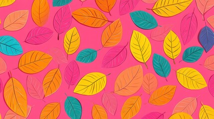 Colorful autumn leaves scattered on pink background.