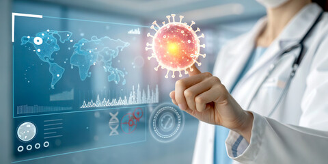 Global Health Pandemic concept. A healthcare professional interacts with digital data about viruses and global health.
