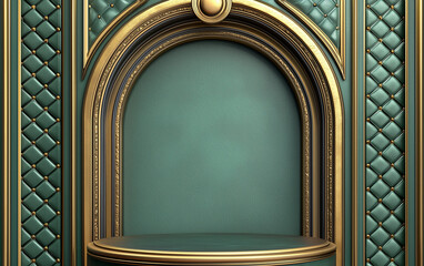 Elegant Green and Gold Product Display Podium with Quilted Walls