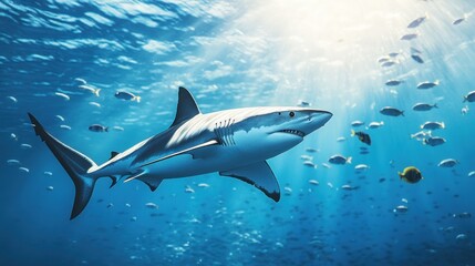Fototapeta premium Shark and small fishes in ocean