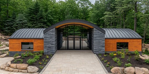 The modern architectural structure stands amidst a beautiful lush green forest