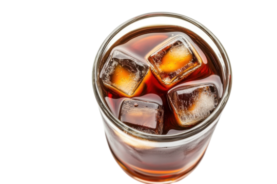 Refreshing glass of iced dark beverage with ice cubes on a bright background in summer isolated on transparent background