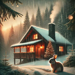 Cute Christmas night scene with a decorated tree in the snowy outdoors