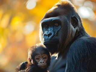 A powerful female gorilla gently cradles her precious infant in a warm autumnal forest setting showcasing a tender moment of primate family love.