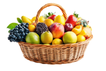 A vibrant basket filled with assorted fresh fruits showcasing nature's colorful bounty isolated on transparent background