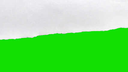 Ripped white paper isolated torn page on green background for chroma key