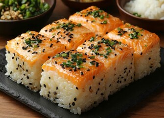 Tasty salmon nigiri sushi served on a slate board with soy sauce and chopsticks