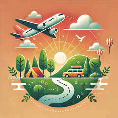 Illustration of a scenic village with houses, trees, mountains, and a bright sky