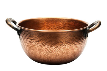 Artisan-crafted copper pot with a hammered finish resting on a clean, bright surface isolated on transparent background