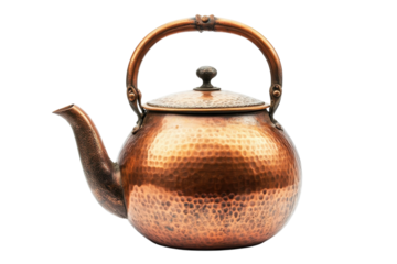 The elegant curves of a handcrafted copper kettle shining under soft light in a minimalist setting isolated on transparent background