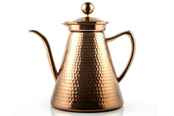 Elegant copper kettle with a hammered finish resting on a white background, showcasing craftsmanship isolated on transparent background
