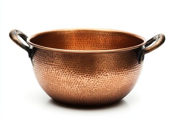 Artisan-crafted copper pot with a hammered finish resting on a clean, bright surface isolated on transparent background