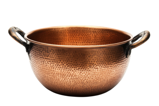 Artisan-crafted copper pot with a hammered finish resting on a clean, bright surface isolated on transparent background - Powered by Adobe