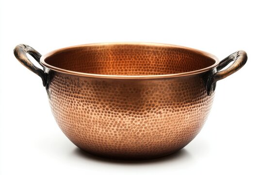 Artisan-crafted copper pot with a hammered finish resting on a clean, bright surface isolated on transparent background