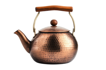 Elegant copper kettle with a wooden handle placed on a clean, bright kitchen counter isolated on transparent background