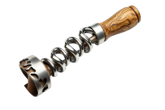 Crafted metal and wood apple corer showcasing intricate design and functionality for kitchen use isolated on transparent background