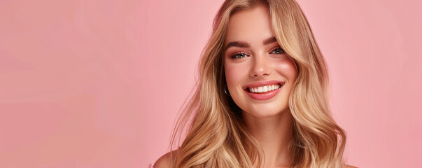 Naklejka premium Young lady wearing a smile against a pink backdrop