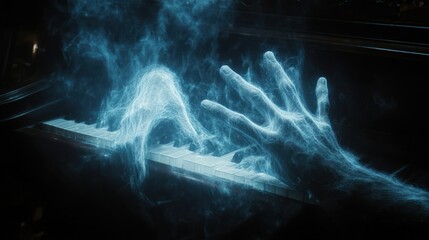 Ethereal smoky hand playing piano keys.