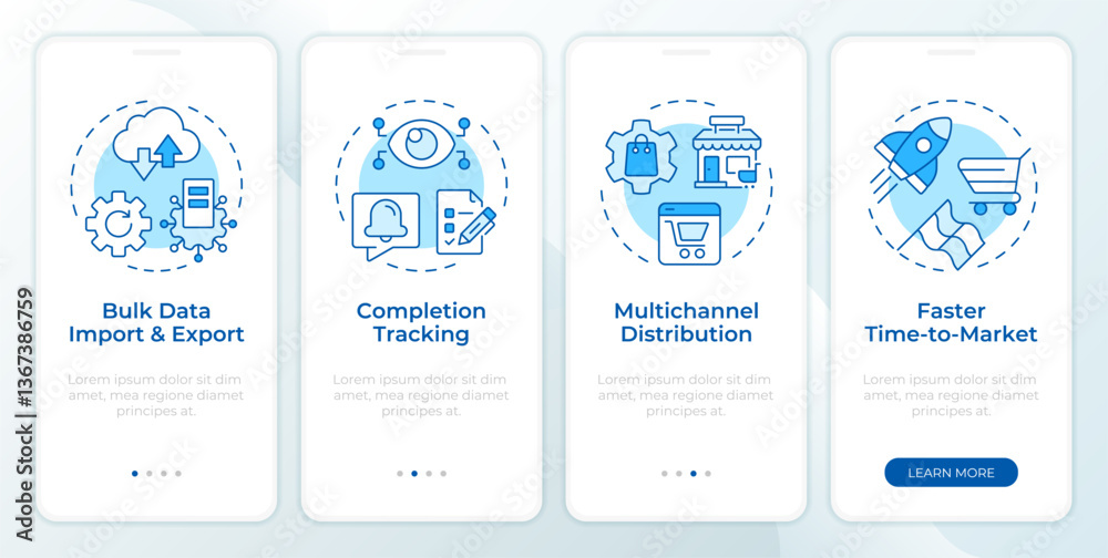 Leinwandbilder Benefits of using PIM system blue onboarding mobile app screen. E commerce. Walkthrough 4 steps editable graphic instructions with linear concepts. UI, UX, GUI. Montserrat SemiBold, Regular fonts used
