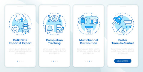 Benefits of using PIM system blue onboarding mobile app screen. E commerce. Walkthrough 4 steps editable graphic instructions with linear concepts. UI, UX, GUI. Montserrat SemiBold, Regular fonts used