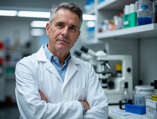 Fototapeta premium Experienced scientist posing confidently in a laboratory setting 