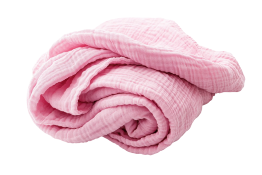 A soft pink muslin cloth elegantly arranged for a cozy home setting or baby care isolated on transparent background