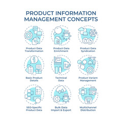 Product information management soft blue concept icons. Commercial data analyzing. Goods distribution strategy. Icon pack. Vector images. Round shape illustrations for booklet. Abstract idea