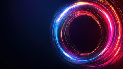 Abstract glowing neon circles, vibrant red and blue light trails on dark background.