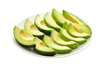 Sliced avocados arranged beautifully on a white plate, ready for a healthy snack or meal isolated on transparent background