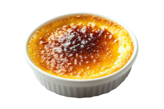 Golden crème brûlée dessert topped with a caramelized sugar crust on a white background isolated on transparent background