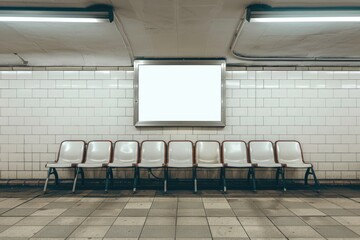 Pixel Perfect Picture of Subway Chairs with Wall and Advertisement Banner Mockup