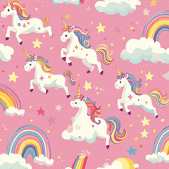whimsical seamless pattern featuring colorful unicorns, rainbows, and stars against soft pink background. This enchanting design evokes sense of joy and magic, perfect for children decor or