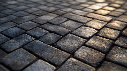 A detailed close-up shot reveals the textured surface of a dark gray cobblestone pavement bathed in warm sunlight.