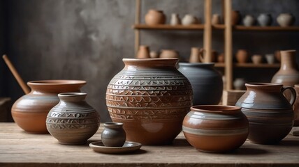 Rustic clay pottery displays in an artisan workshop, showcasing intricate designs and natural hues.