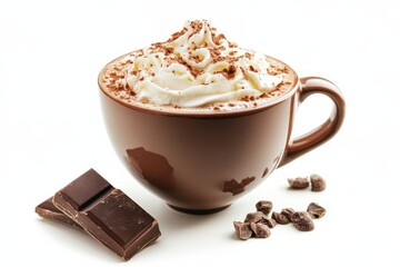 Indulgent hot chocolate topped with whipped cream and chocolate sprinkles on a cozy winter day isolated on transparent background