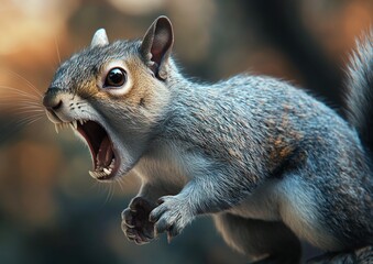 Obraz premium Side view of an angry gray squirrel on a photorealistic