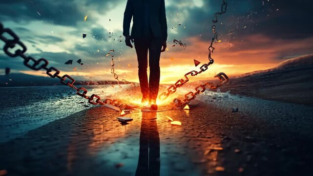 Abstract figure breaking chains at sunset on a dramatic landscape