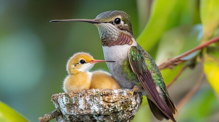 Obraz premium A mother hummingbird tenderly watches over her fluffy yellow chick led in a mossy on a branch.