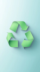 Recycling emblem with interconnected green arrows on soft blue backdrop, symbolizing eco friendly practices and sustainable environmental conservation efforts
