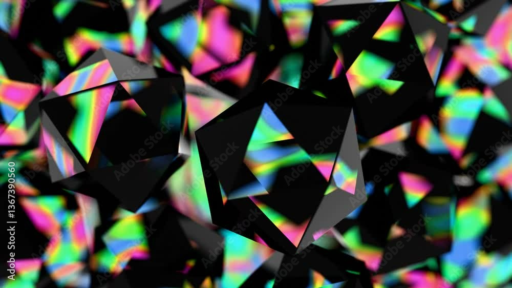 Poster black polyhedral shapes with vibrant, iridescent surfaces floating on a black background, merging il