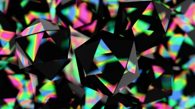 Black polyhedral shapes with vibrant, iridescent surfaces floating on a black background, merging illusions, technology, and wave pattern in a futuristic design.