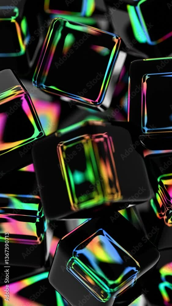 Poster Glossy black cubes with iridescent edges arranged on a dark background, blending illusions and technology into a sleek, modern abstract design.